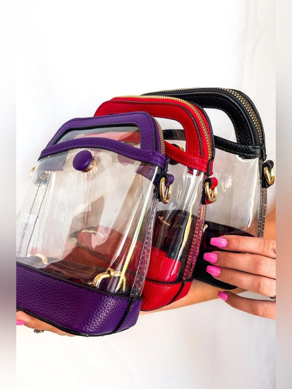 Clear Top-Handle Crossbody Bag with Purple, Red, and Black Trim